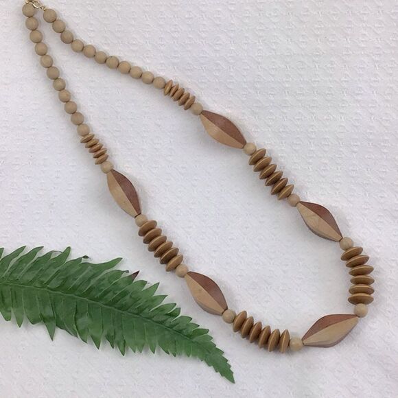 Natural Wood Bead Geometric Necklace - Picture 2 of 9